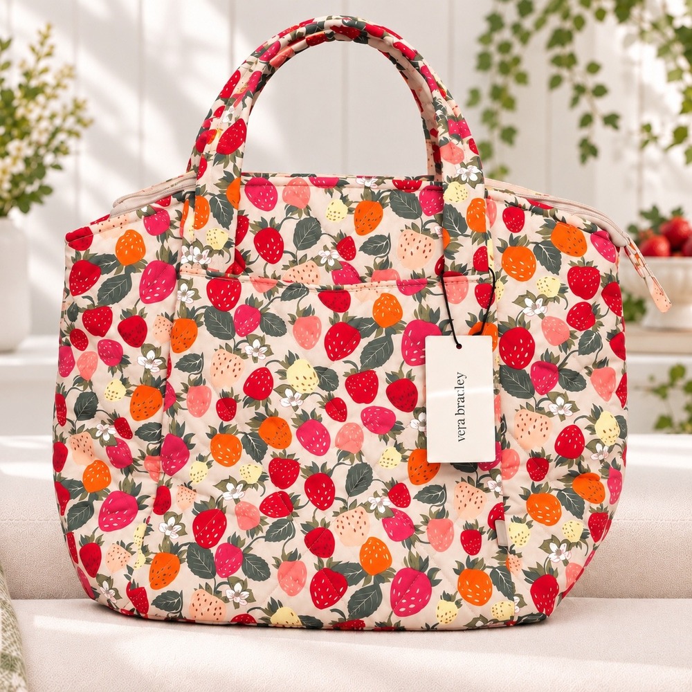 Vera Bradley Strawberry Garden Quilted Tote Bag Fruit Print Shoulder Bag NEW